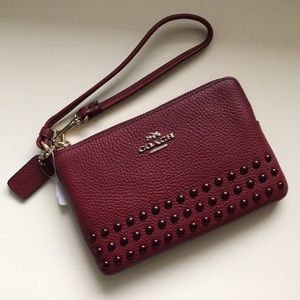 Coach Leather Lacquer Rivets Corner Zip Wristlet Wallet in Black Cherry